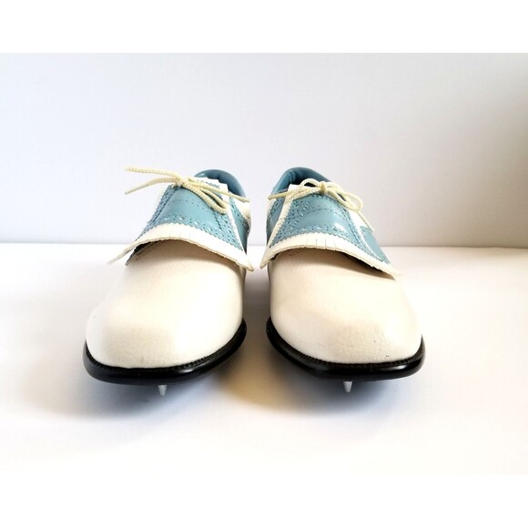 Vintage MONTGOMERY WARD Golf Shoes Sz 9 Blue White Oxford Kiltie Spikes - Picture 7 of 14